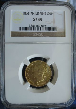 1863 Philippines Gold 4 Pesos Ngc Xf - 45 photo