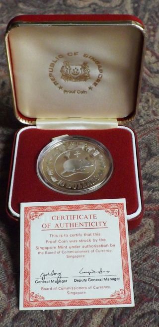 1984 Singapore Rat $10 Silver Proof Coin & Box.  500 Silver photo