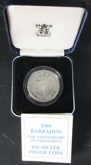 1989 Barbados 50 Dollars 350th Anniversary Of Parliament Sterling Silver Proof photo