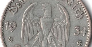 Rare Very Old Antique Silver 1934 - J Wwii Ww2 Nazi Germany Eagle Bullion War Coin photo