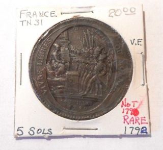 French Token Tn31 5 Sols Vf 1792 Not 1790 Rare photo