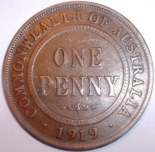 Rare 1919 Australia - One Penny - George V - Very Good Detail - photo