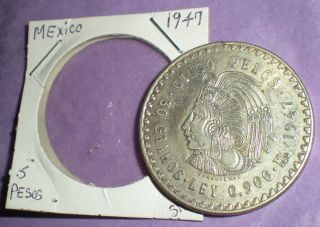 Mexico 5 Pesos Coin: 1947 ; 90 Silver.  8680 Oz.  Asw photo