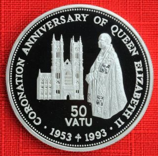 Vanuatu: 1993 50 Vatu,  Coronation 40th, .  925 Silver Proof,  Capsule - Top Grade photo