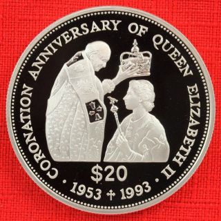 Tuvalu: 1993 20 Dollars,  Coronation 40th, .  925 Silver Proof,  Capsule - Top Grade photo