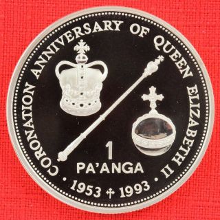 Tonga: 1993 1 Pa ' Anga,  Coronation 40th, .  925 Silver Proof,  Capsule - Top Grade photo