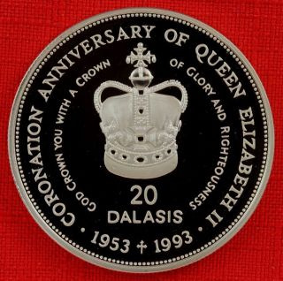 Gambia: 1993 20 Dalasis,  Coronation 40th, .  925 Silver Proof,  Capsule - Top Grade photo