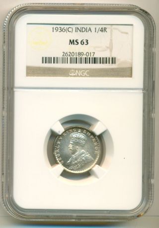 India Silver 1936 (c) 1/4 Rupee Ms63 Ngc photo