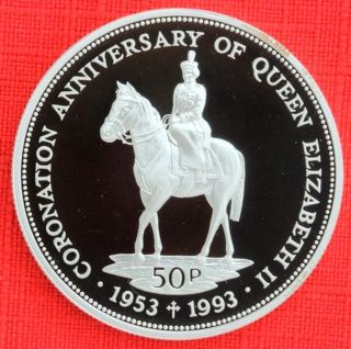 Falkland Is: 1993 50 Pence,  Coronation 40th, .  925 Silver Proof,  Cap - Top Grade photo
