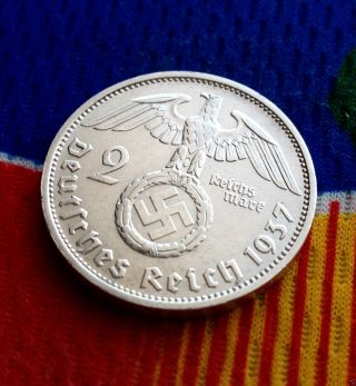 Wwii German 2 Mark Silver Coin 1937 F Third Reich Reichsmark 5 Star photo