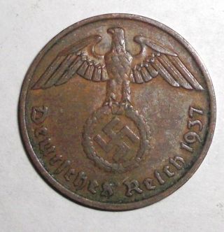 1937 - A Germany,  Wwii Third Reich,  2 Reichspfennig,  Eagle With Swastika Coin photo