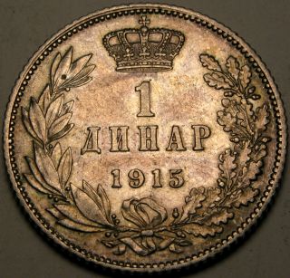 Serbia 1 Dinar 1915 (a) - Silver - Petar I.  Karađorđević - Vf/xf - 2664 photo