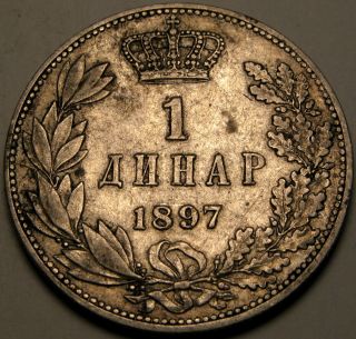 Serbia 1 Dinar 1897 - Silver - Aleksandar I.  Obrenović - Vf/xf - 2661 photo