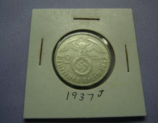 Rare 1937 J 2 Reichsmark Wwii Silver Nazi German Third Reich photo