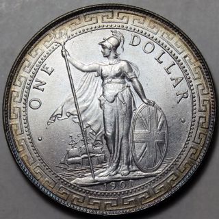 Hong Kong Trade Dollar 1901 Silver Coin Close To Unc photo