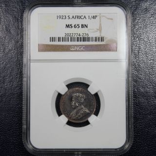 1923 South Africa 1/4 Penny Ngc Ms65 Bn - Farthing photo