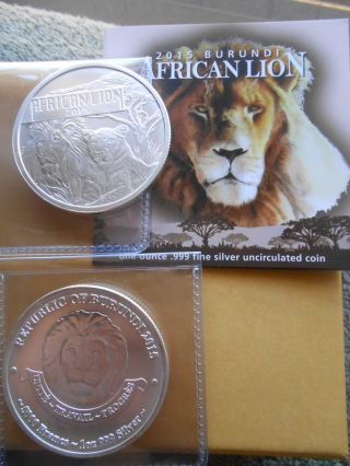 2015 Burundi 1 Oz.  999 Silver African Lion Round Reeded Edge,  50k.  Minted photo