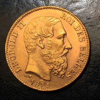 Belgium 1875 20 Francs Gold (leopold Ii) - Brilliant Uncirculated photo