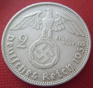 Antique Silver 1938 A Berlin 2 Mark Ww2 Nazi Eagle Bullion Very Old Coin (mka24) photo