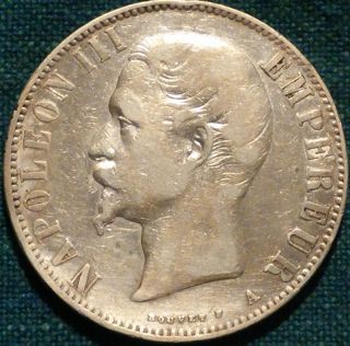 1855 - A 5 Francs Paris Silver Coin Napoleon Iii Km 782.  1 Dav - 95 Ungraded photo