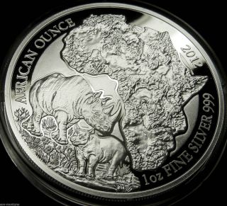 2012 Rwanda Rhino Proof 1 Oz Silver African Wildlife Coin & Box Only 1000 Minted photo