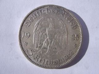 Ww2 Potsdam Church 2 Swastikas 5 Mark Nazi Coin 1935 G 90 Circulated Ungraded photo