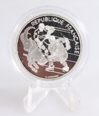 1990 France 100 Francs 1992 Olympic Games Hockey And Ibex Silver Proof Coin photo