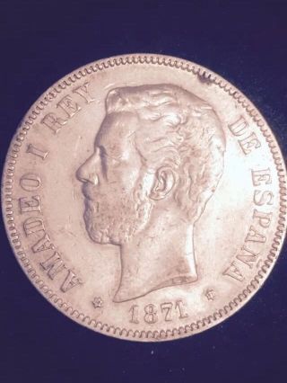 Spain.  Amadeo I Silver 5 Pesetas 1871 18 - 71 Sdm photo