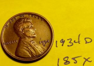 1934 - D 1c Bn Lincoln Cent - Fine Wheat Penny (185x) photo