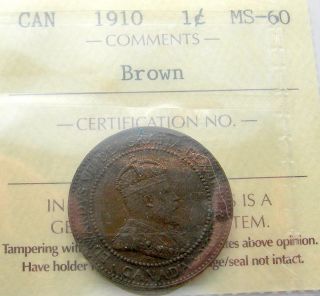 1910 Large Cent Iccs Ms - 60 Brown Last King Edward Vii Unc Canada Penny photo