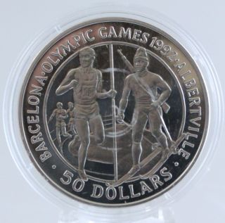 1989 $50 Cook Islands 1990 Olympics Runners And Biathalon Sterling Silver Coin photo