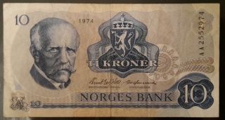 Norway 10 Kroner 1974 Ah Pick 36,  Vf,  (, No Reserved Price) photo
