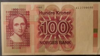 Norway 100 Kroner 1980 Ac Pick 41b,  Unc (, No Reserved Price) photo