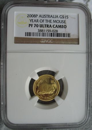 2008 Australia Gold 15 Dollars Ngc Pf - 70 Ult.  Cameo Year Of The Mouse 1/10oz Gold photo