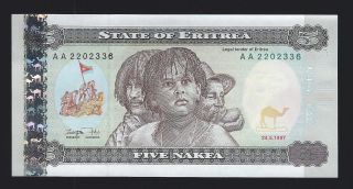 Eritrea,  5 Nakfa,  1997,  First Currency,  P - 2,  Unc Aa Prefix photo