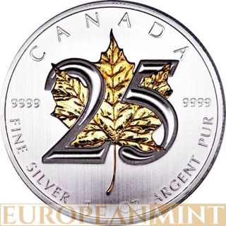 2013 1oz $5 Cad Canadian Silver 25th Anniversary Maple 24k Gold Gilded Leaf Coin photo