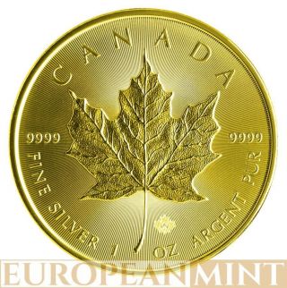 2014 1oz $5 Cad Canadian Silver Maple Leaf Full 24k Gold Gilded Coin photo