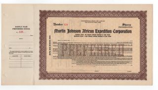 Martin Johnson African Expedition Corporation Stock Certificate photo