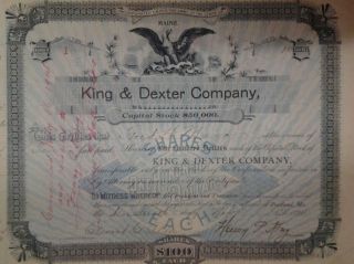 First Issued Stock Certificate From King&dexter Co.  Portland Maine And Last Issue photo