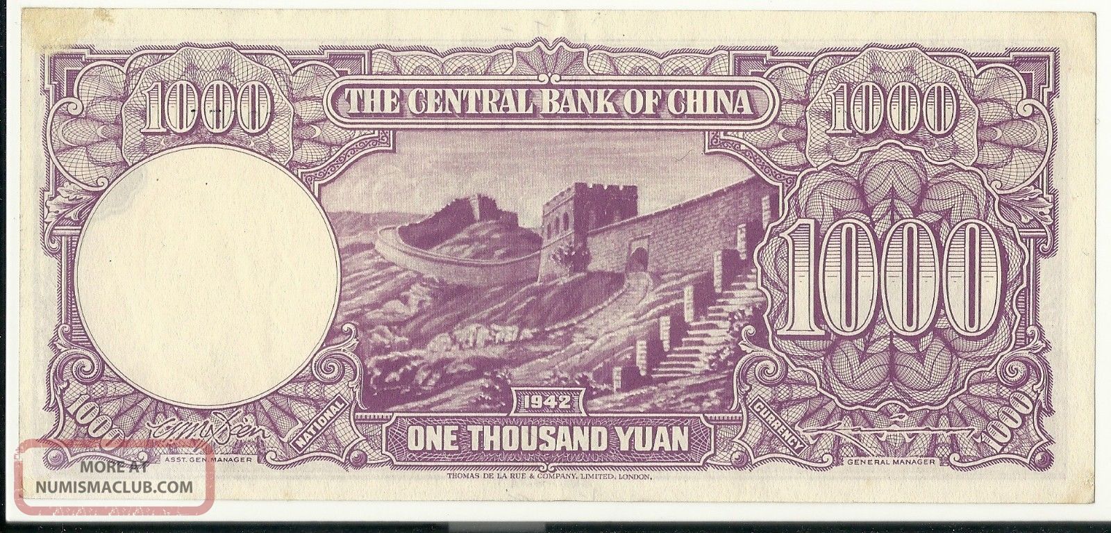 The Central Bank Of China One Thousand Yuan 1942 1000 Au Unc Thomas De La Rue The Central Bank Of China One Thousand Yuan 1942 1000 Au Unc Thomas De La Rue