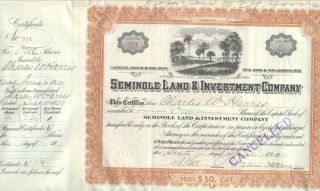 1910 Seminole Land & Investment Co Stock Certificate St.  Cloud Florida Civil War photo