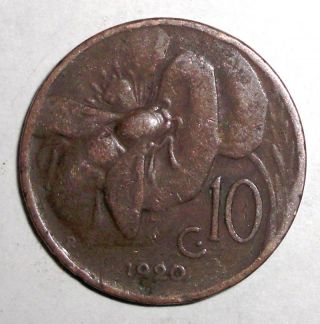 1920r Italy 10 Centesimi,  Bee On A Flower,  Insect,  Animal Coin photo