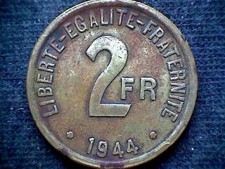 France Wwii Allied Occupation 1944 2 Francs,  Brass photo