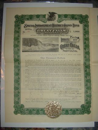 1919 Great Falls Montana Bond Stock Certificate photo