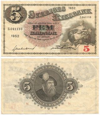1952 Sweden Lightly Circulated Fem Or 5 Kronor Note,  The Svea & King Gustav Vasa photo
