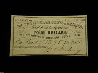 Authentic 1861 $4 Csa Loan Bond Certificate W/ G.  E Dabney Signature - photo