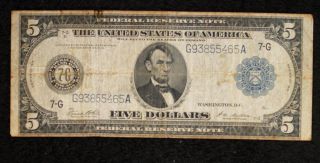 Series Of 1914 Large Size Blue Seal $5 Frn Chicago - photo