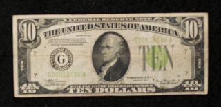 Series 1934 $10 Federal Reserve Note - Light Green Seal F/vf - photo