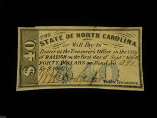 1864 $40 State Of North Carolina Loan Bond Certificate W/ W.  H Dodd Signature photo
