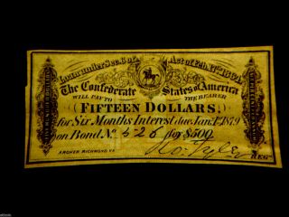 Authentic 1861 $15 Csa Loan Bond Certificate W/ R.  O Tyler Signature - photo